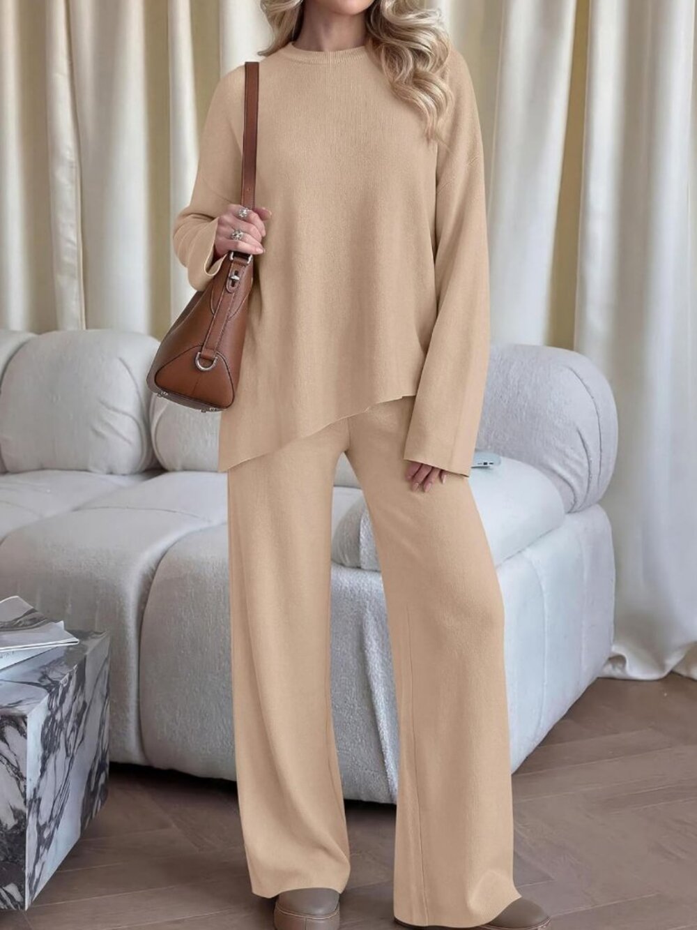 Cozy Fall 2-Piece Asymmetric Sweater & Lounge Set for Travel & Relaxation - Picture 2 of 7